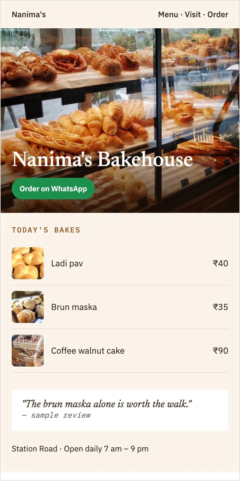 Sample website for Nanima's Bakehouse: photo of the bread counter, menu with prices, order on WhatsApp button