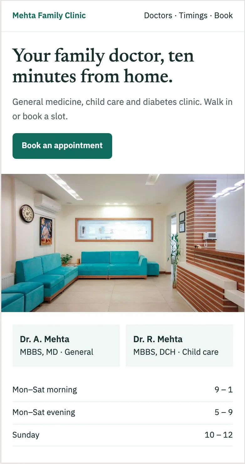 Sample website for Mehta Family Clinic: doctors, timings and an appointment button